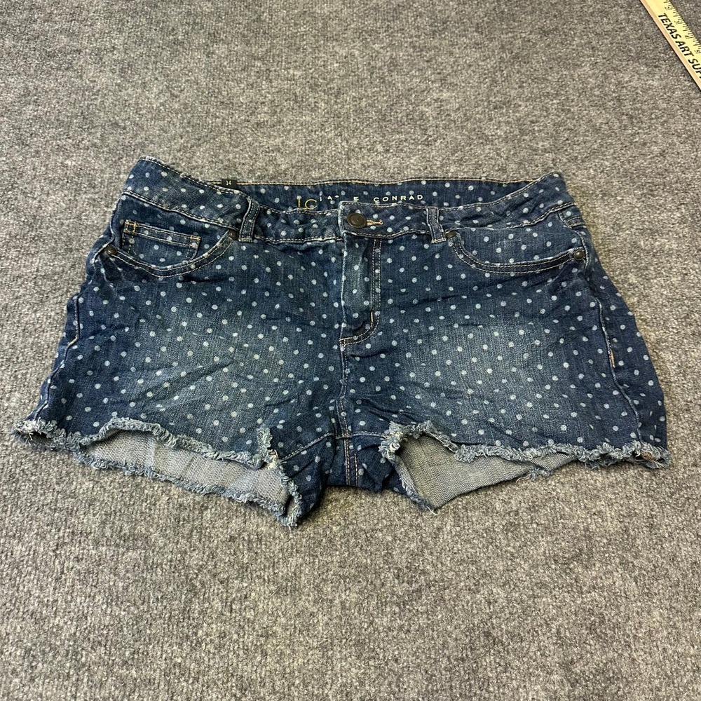 LC Lauren Conrad Shorts Womens Size 14 Blue Polka Dot Denim Raw Hem Casual Cute
